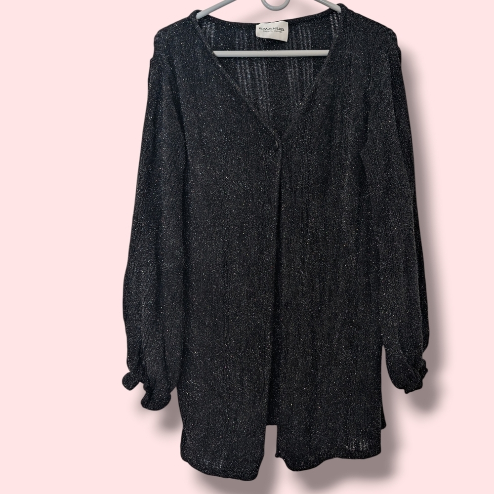 Emanuel Ungaro Vintage Black Shimmery Sparkly Sheer Knit Longline Cardigan LG